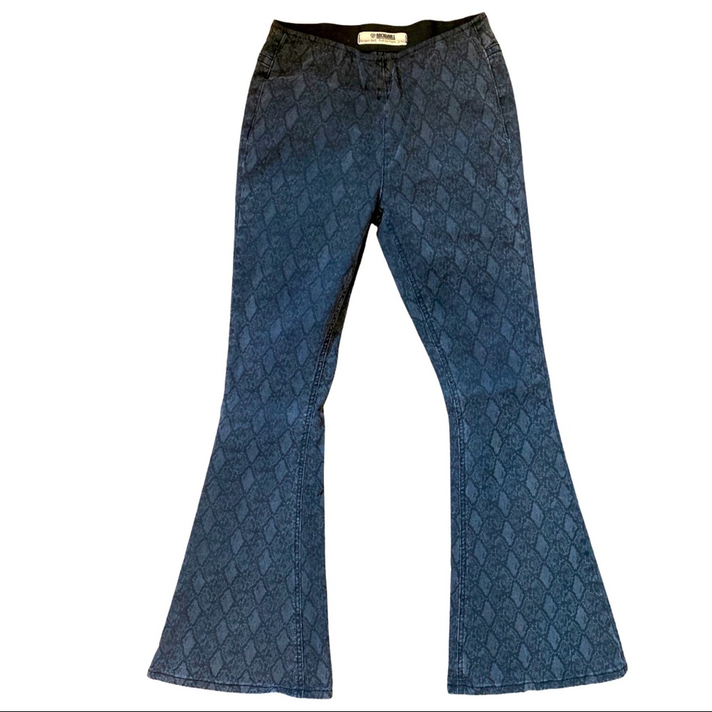 ROCK’N’ROLL DENIM black snakeskin print bell bottom flare denim pull on jeans